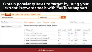 #youtubeseo at #semrushconf2019 by @aleyda from @oraintiAhrefs & keywordtool.io
Obtain popular queries to target by using your
current keywords tools with YouTube support
 