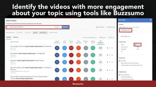 #youtubeseo at #semrushconf2019 by @aleyda from @oraintiBuzzsumo
Identify the videos with more engagement  
about your topic using tools like Buzzsumo
 