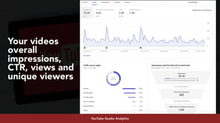 #youtubeseo at #semrushconf2019 by @aleyda from @oraintiYouTube Studio Analytics
Your videos
overall
impressions,
CTR, views and
unique viewers
 