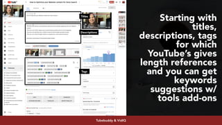 #youtubeseo at #semrushconf2019 by @aleyda from @orainti
Starting with
titles,
descriptions, tags
for which
YouTube’s gives
length references
and you can get
keywords
suggestions w/
tools add-ons
Tubebuddy & VidIQ
Titles
Descriptions
Tags
 