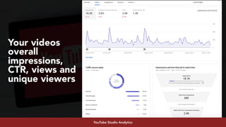 #youtubeseo at #semrushconf2019 by @aleyda from @oraintiYouTube Studio Analytics
Your videos
overall
impressions,
CTR, vie...