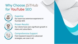 Our team has extensive experience in
YouTube SEO.
Why Choose JSiTHub
for YouTube SEO
Our clients have seen significant growth in
views and subscribers.
From keyword research to advanced
strategies, we cover it all.
Expertise
Proven Results:
Comprehensive Support
 