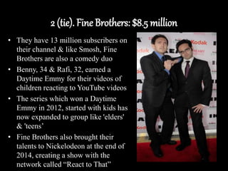 2 (tie). Fine Brothers: $8.5 million
• They have 13 million subscribers on
their channel & like Smosh, Fine
Brothers are also a comedy duo
• Benny, 34 & Rafi, 32, earned a
Daytime Emmy for their videos of
children reacting to YouTube videos
• The series which won a Daytime
Emmy in 2012, started with kids has
now expanded to group like 'elders'
& 'teens’
• Fine Brothers also brought their
talents to Nickelodeon at the end of
2014, creating a show with the
network called “React to That”
 