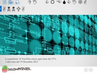 27% DI
ANNUA

CRESCITA

La popolarita’ di YouTube cresce ogni anno del 27%.
I dati sono del 19 Dicembre 2013

 