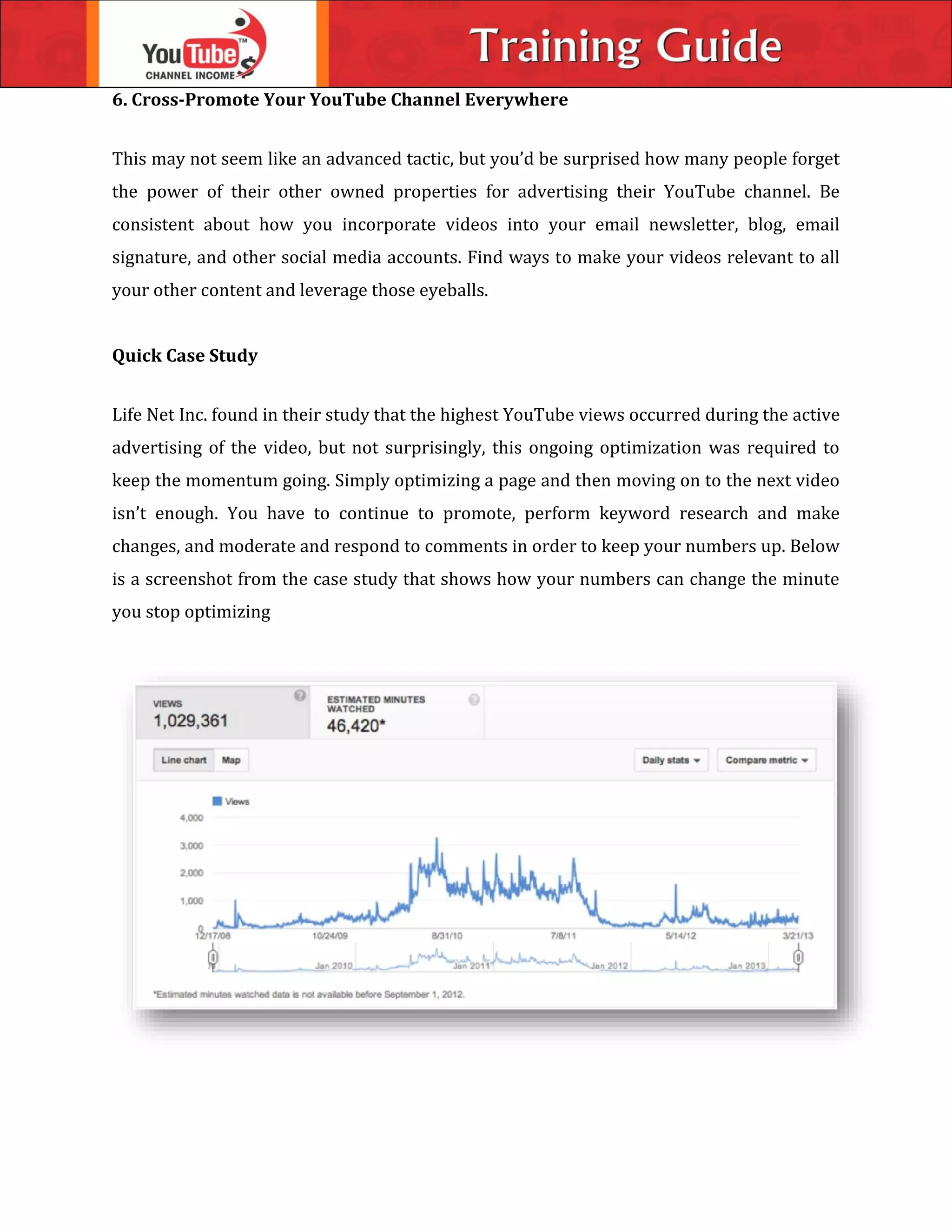 6. Cross-Promote Your YouTube Channel Everywhere
This may not seem like an advanced tactic, but you’d be surprised how many people forget
the power of their other owned properties for advertising their YouTube channel. Be
consistent about how you incorporate videos into your email newsletter, blog, email
signature, and other social media accounts. Find ways to make your videos relevant to all
your other content and leverage those eyeballs.
Quick Case Study
Life Net Inc. found in their study that the highest YouTube views occurred during the active
advertising of the video, but not surprisingly, this ongoing optimization was required to
keep the momentum going. Simply optimizing a page and then moving on to the next video
isn’t enough. You have to continue to promote, perform keyword research and make
changes, and moderate and respond to comments in order to keep your numbers up. Below
is a screenshot from the case study that shows how your numbers can change the minute
you stop optimizing
 