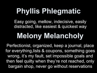 Phyllis Phlegmatic Easy going, mellow, indecisive, easily distracted, like easiest & quickest way Melony Melancholy Perfectionist, organized, keep a journal, place for everything,lists & coupons, something goes wrong, it’s my fault, set impossible goals and then feel quilty when they’re not reached, only bargain shop, never go without reservations 