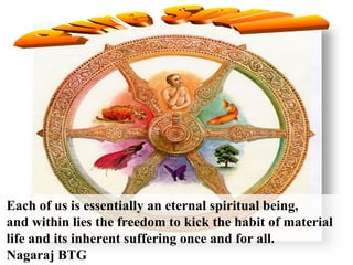 Each of us is essentially an eternal spiritual being,  and within lies the freedom to kick the habit of material life and its inherent suffering once and for all.  Nagaraj BTG Pure Soul 
