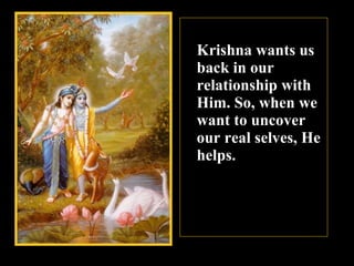 Krishna wants us back in our relationship with Him. So, when we want to uncover our real selves, He helps. 