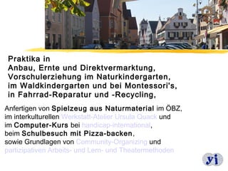 Praktika in
 Anbau, Ernte und Direktvermarktung,
 Vorschulerziehung im Naturkindergarten,
 im Waldkindergarten und bei Montessori's,
 in Fahrrad-Reparatur und -Recycling,
Anfertigen von Spielzeug aus Naturmaterial im ÖBZ,
im interkulturellen Werkstatt-Atelier Ursula Quack und
im Computer-Kurs bei handicap-international,
beim Schulbesuch mit Pizza-backen ,
sowie Grundlagen von Community-Organizing und
partizipativen Arbeits- und Lern- und Theatermethoden
                                                         3
 