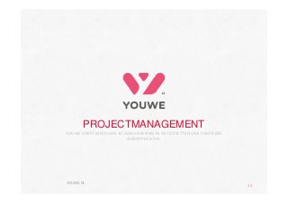 PROJECTMANAGEMENT 
YOUWE HEEFT MEER DAN 10 JAAR ERVARING IN HET OPZETTEN VAN COMPLEXE 
WEBAPPLICATIES. 
YOUWE.NL 
13 
