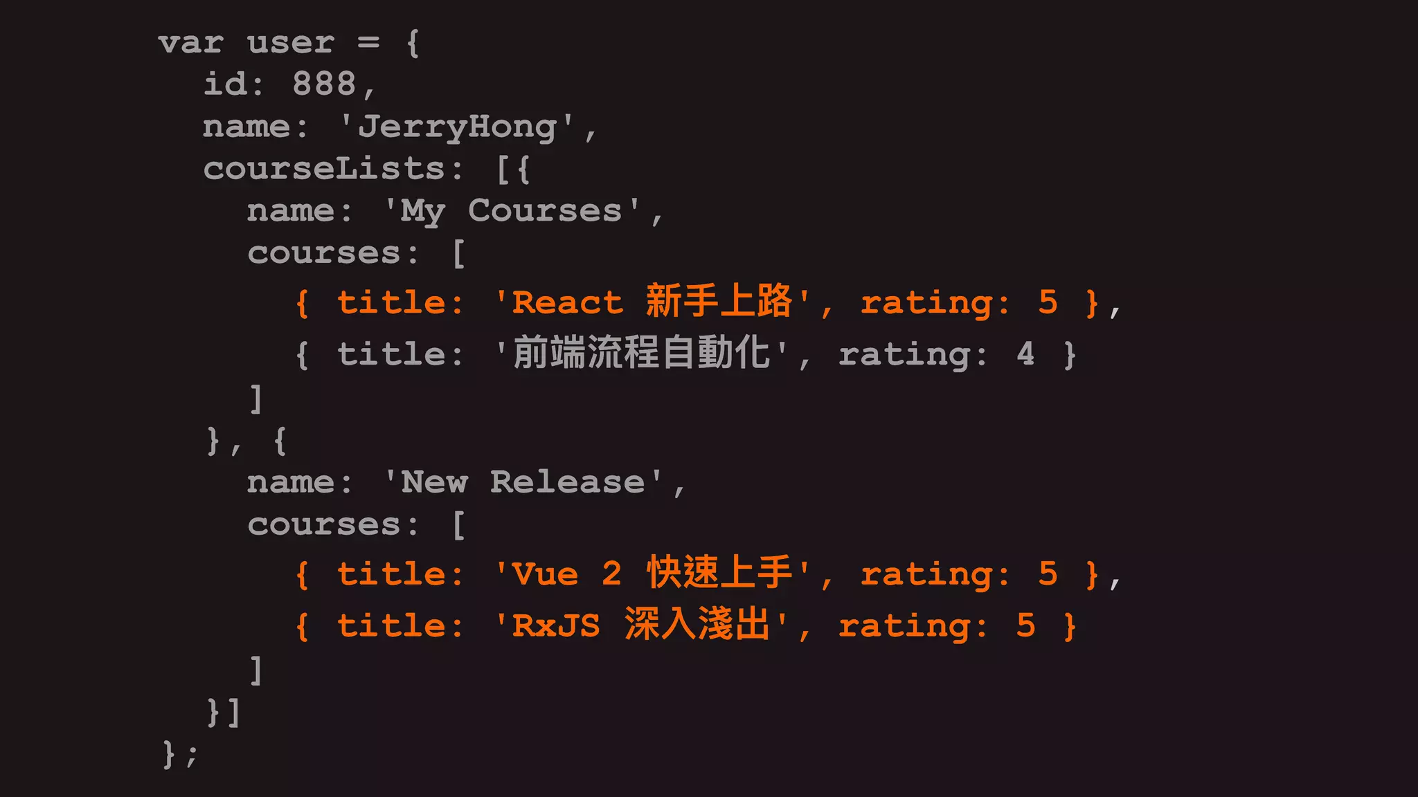 var user = {
id: 888,
name: 'JerryHong',
courseLists: [{
name: 'My Courses',
courses: [
{ title: 'React ', rating: 5 },
{ title: ' ', rating: 4 }
]
}, {
name: 'New Release',
courses: [
{ title: 'Vue 2 ', rating: 5 },
{ title: 'RxJS ', rating: 5 }
]
}]
};
var user = {
id: 888,
name: 'JerryHong',
courseLists: [{
name: 'My Courses',
courses: [
{ title: 'React ', rating: 5 },
{ title: ' ', rating: 4 }
]
}, {
name: 'New Release',
courses: [
{ title: 'Vue 2 ', rating: 5 },
{ title: 'RxJS ', rating: 5 }
]
}]
};
var user = {
id: 888,
name: 'JerryHong',
courseLists: [{
name: 'My Courses',
courses: [
{ title: 'React ', rating: 5 },
{ title: ' ', rating: 4 }
]
}, {
name: 'New Release',
courses: [
{ title: 'Vue 2 ', rating: 5 },
{ title: 'RxJS ', rating: 5 }
]
}]
};
 