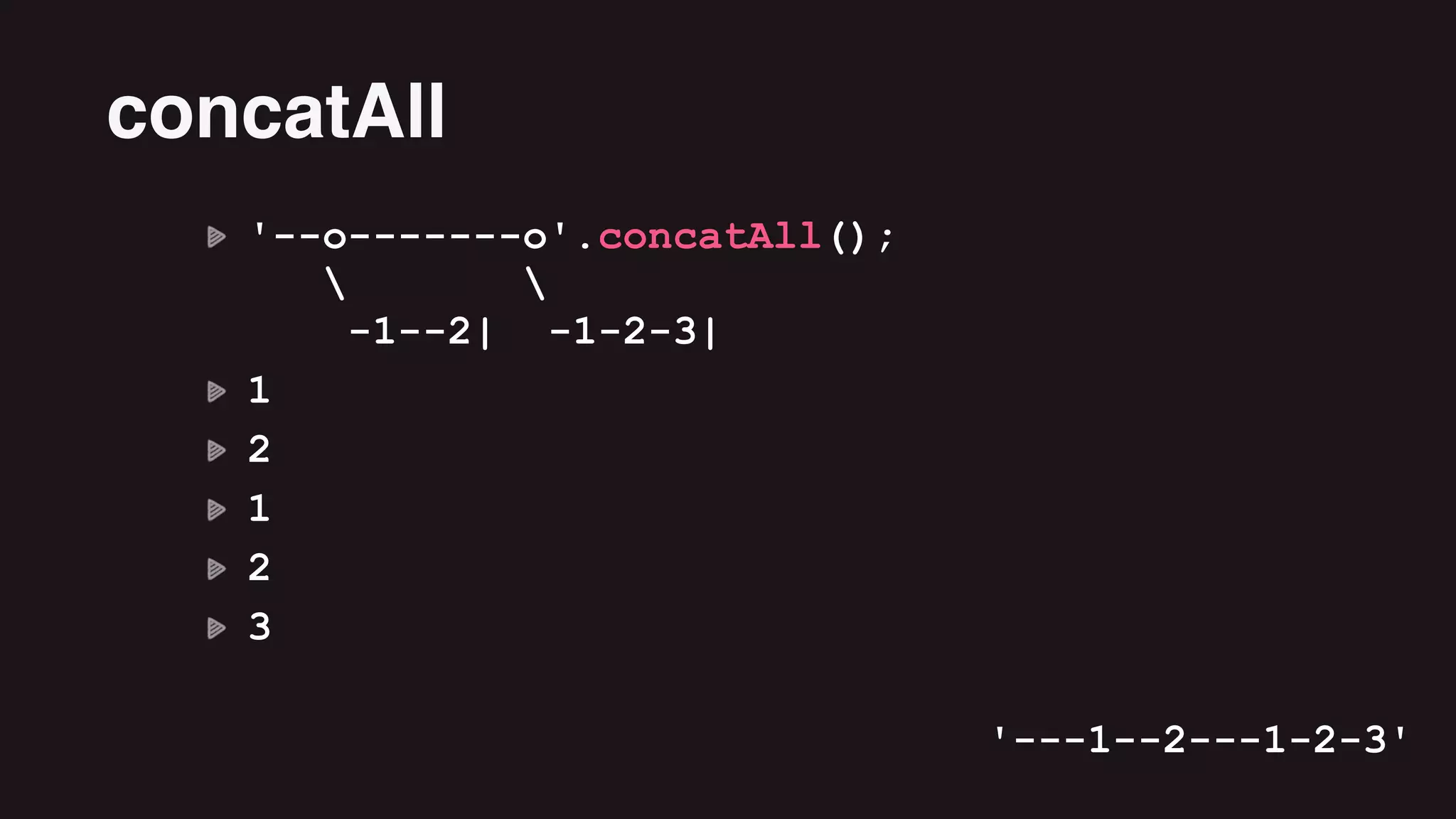 '--o-------o'.concatAll(); 
   
-1--2| -1-2-3|
1
2
1
2
3
concatAll
'---1--2---1-2-3'
 