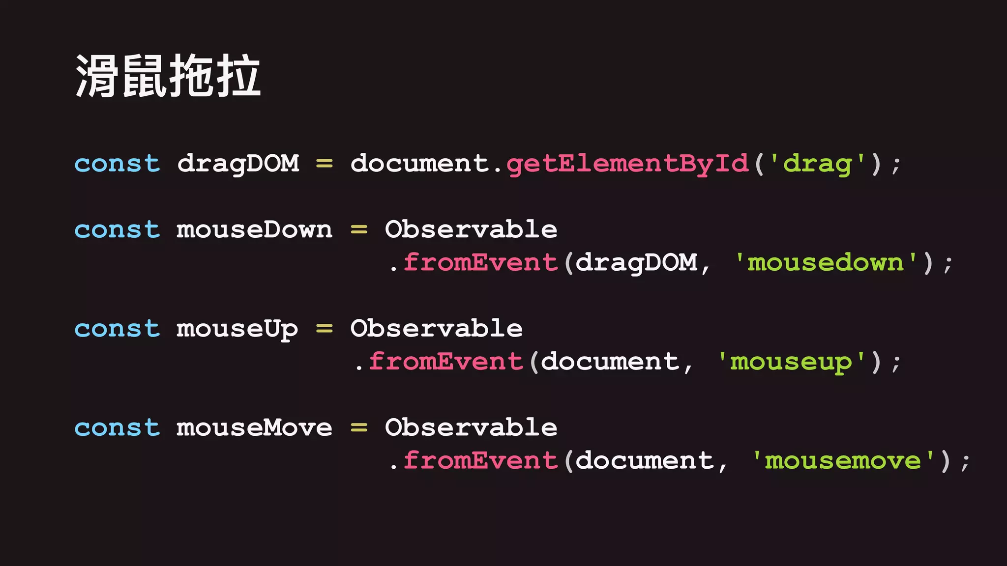 const dragDOM = document.getElementById('drag');
const mouseDown = Observable
.fromEvent(dragDOM, 'mousedown');
const mouseUp = Observable
.fromEvent(document, 'mouseup');
const mouseMove = Observable
.fromEvent(document, 'mousemove');
 