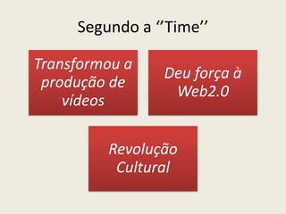 Segundo a ‘’Time’’
Transformou a
produção de
vídeos
Deu força à
Web2.0
Revolução
Cultural
 