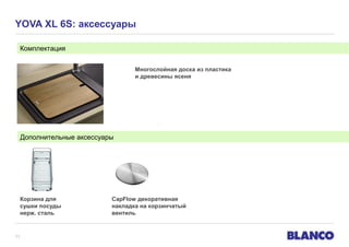 YOVA XL 6S: аксессуары
Комплектация
Многослойная доска из пластика
и древесины ясеня

Дополнительные аксессуары

Корзина для
сушки посуды
нерж. сталь

11

CapFlow декоративная
накладка на корзинчатый
вентиль

 