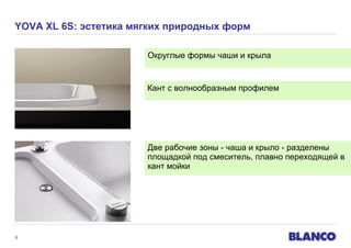 YOVA XL 6S: эстетика мягких природных форм
Округлые формы чаши и крыла

Кант с волнообразным профилем

Две рабочие зоны - чаша и крыло - разделены
площадкой под смеситель, плавно переходящей в
кант мойки

6

 