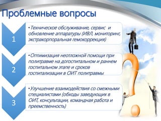 1
•Техническое обслуживание, сервис и
обновление аппаратуры (ИВЛ, мониторинг,
экстракорпоральная гемокоррекция)
2
•Оптимизация неотложной помощи при
политравме на догоспитальном и раннем
госпитальном этапе и сроков
госпитализации в ОИТ политравмы
3
•Улучшение взаимодействия со смежными
специалистами (обходы заведующих в
ОИТ, консультации, командная работа и
преемственность)
 