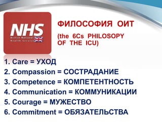 ФИЛОСОФИЯ ОИТ
(the 6Cs PHILOSOPY
OF THE ICU)
1. Care = УХОД
2. Compassion = СОСТРАДАНИЕ
3. Competence = КОМПЕТЕНТНОСТЬ
4. Communication = КОММУНИКАЦИИ
5. Courage = МУЖЕСТВО
6. Commitment = ОБЯЗАТЕЛЬСТВА
 