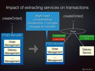 @crichardson
Impact of extracting services on transactions
FTGO Monolith
Delivery
Service
FTGO Monolith
Delivery
Management
createOrder()
…
createOrder()
…
Saga
Order
Management
…
Management
Order
Management
…
Management
Might need
compensating
transactions = complex
changes to monolith
1. createOrder() 2. createDelivery()
FAILS
2. rejectOrder()
 