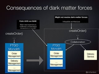 @crichardson
Consequences of dark matter forces
FTGO
Monolith
Delivery
Service
FTGO
Monolith
Delivery
Management
createOrder()
…
createOrder()
…
Collaboration
Order
Management
…
Management
Order
Management
…
Management
Might not resolve dark matter forces:
Infeasible architecture
Prefer ACID over BASE:
Might need expensive to
implement compensating
transactions in monolith
 