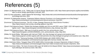 Computing Performance 2021: What’s On the Horizon (Brendan Gregg) 106
YOW!
References (5)
[Haken 21] Michael Haken, et al., “Delta Lake 1S Server Design Specification 1v05, https://www.opencompute.org/documents/delta-
lake-1s-server-design-specification-1v05-pdf, 2021
[Intel 21] Intel corporation, “Intel® OptaneTM Technology,” https://www.intel.com/content/www/us/en/products/docs/storage/optane-
technology-brief.html, 2021
[Kostovic 21] Aleksandar Kostovic, “Esperanto Delivers Kilocore Processor in its Supercomputer-on-a-Chip Design,”
https://www.tomshardware.com/news/esperanto-kilocore-processor, Aug 2021
[Kummrow 21] Patricia Kummrow, “The IPU: A New, Strategic Resource for Cloud Service Providers,”
https://itpeernetwork.intel.com/ipu-cloud/#gs.g5pkub, Aug 2021
[Quach 21a] Katyanna Quach, “Global chip shortage probably won't let up until 2023, warns TSMC: CEO 'still expects capacity to
tighten more',” https://www.theregister.com/2021/04/16/tsmc_chip_forecast, Apr 2021
[Quach 21b] Katyanna Quach, “IBM says it's built the world's first 2nm semiconductor chips,”
https://www.theregister.com/2021/05/06/ibm_2nm_semiconductor_chips, May 2021
[Ridley 21] Jacob Ridley, “IBM agrees with Intel and TSMC: this chip shortage isn't going to end anytime soon,”
https://www.pcgamer.com/ibm-agrees-with-intel-and-tsmc-this-chip-shortage-isnt-going-to-end-anytime-soon, May 2021
[Shilov 21] Anton Shilov, “Samsung Develops 512GB DDR5 Module with HKMG DDR5 Chips,”
https://www.tomshardware.com/news/samsung-512gb-ddr5-memory-module, Mar 2021
[Shilov 21b] Anton Shilov, “Seagate Ships 20TB HAMR HDDs Commercially, Increases Shipments of Mach.2 Drives,”
https://www.tomshardware.com/news/seagate-ships-hamr-hdds-increases-dual-actuator-shipments, 2021
[Shilov 21c] Anton Shilov, “SK Hynix Envisions 600-Layer 3D NAND & EUV-Based DRAM,” https://www.tomshardware.com/news/sk-
hynix-600-layer-3d-nand-euv-dram, Mar 2021
 