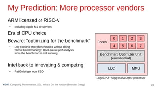 24
Computing Performance 2021: What’s On the Horizon (Brendan Gregg)
YOW!
My Prediction: More processor vendors
ARM licensed or RISC-V
●
Including Apple M1 for servers
Era of CPU choice
Beware: “optimizing for the benchmark”
●
Don’t believe microbenchmarks without doing
“active benchmarking”: Root-cause perf analysis
while the benchmark is still running.
Intel back to innovating & competing
●
Pat Gelsinger now CEO
0 1 2 3
6
5
4 7
LLC MMU
Benchmark Optimizer Unit
(confidential)
Cores
DogeCPU “+AggressiveOpts” processor
 