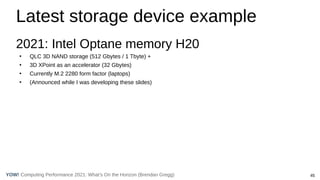 45
Computing Performance 2021: What’s On the Horizon (Brendan Gregg)
YOW!
Latest storage device example
2021: Intel Optane memory H20
●
QLC 3D NAND storage (512 Gbytes / 1 Tbyte) +
●
3D XPoint as an accelerator (32 Gbytes)
●
Currently M.2 2280 form factor (laptops)
●
(Announced while I was developing these slides)
 