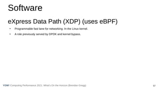 57
Computing Performance 2021: What’s On the Horizon (Brendan Gregg)
YOW!
Software
eXpress Data Path (XDP) (uses eBPF)
●
Programmable fast lane for networking. In the Linux kernel.
●
A role previously served by DPDK and kernel bypass.
 