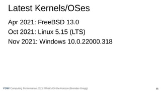 65
Computing Performance 2021: What’s On the Horizon (Brendan Gregg)
YOW!
Latest Kernels/OSes
Apr 2021: FreeBSD 13.0
Oct 2021: Linux 5.15 (LTS)
Nov 2021: Windows 10.0.22000.318
 