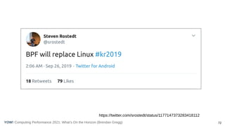 Computing Performance 2021: What’s On the Horizon (Brendan Gregg) 72
YOW!
https://twitter.com/srostedt/status/1177147373283418112
 