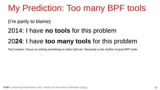 97
Computing Performance 2021: What’s On the Horizon (Brendan Gregg)
YOW!
(I’m partly to blame)
2014: I have no tools for this problem
2024: I have too many tools for this problem
Tool creators: Focus on solving something no other tool can. Necessity is the mother of good BPF tools.
My Prediction: Too many BPF tools
 