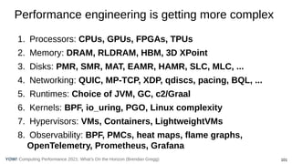101
Computing Performance 2021: What’s On the Horizon (Brendan Gregg)
YOW!
1. Processors: CPUs, GPUs, FPGAs, TPUs
2. Memor...