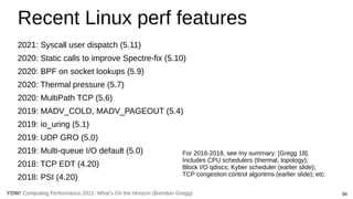 66
Computing Performance 2021: What’s On the Horizon (Brendan Gregg)
YOW!
Recent Linux perf features
2021: Syscall user di...