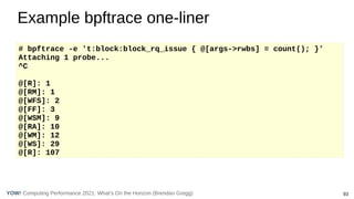 Computing Performance 2021: What’s On the Horizon (Brendan Gregg) 93
YOW!
Example bpftrace one-liner
# bpftrace -e 't:bloc...