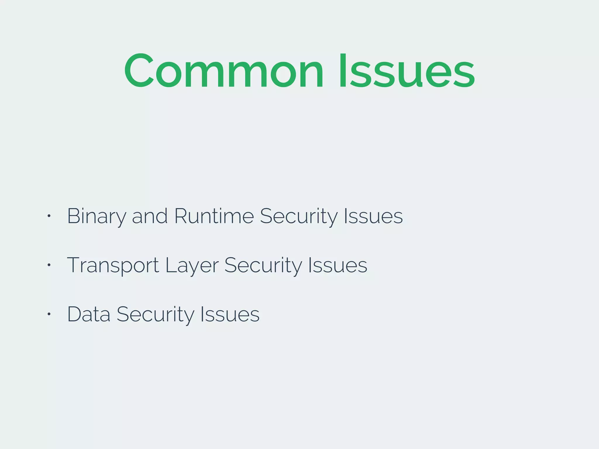 Common Issues
• Binary and Runtime Security Issues
• Transport Layer Security Issues
• Data Security Issues
 