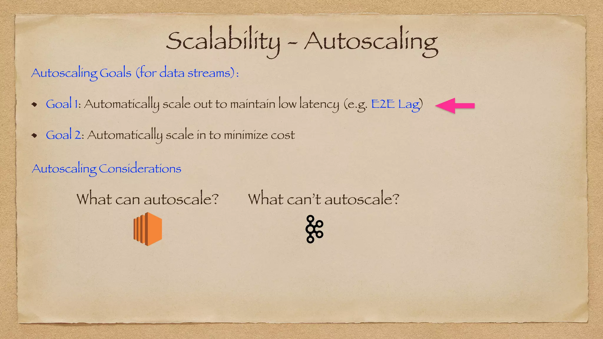 Scalability - Autoscaling
Autoscaling Goals (for data streams):


Goal 1: Automatically scale out to maintain low latency (e.g. E2E Lag)


Goal 2: Automatically scale in to minimize cost
Autoscaling Considerations
What can autoscale? What can’t autoscale?
 