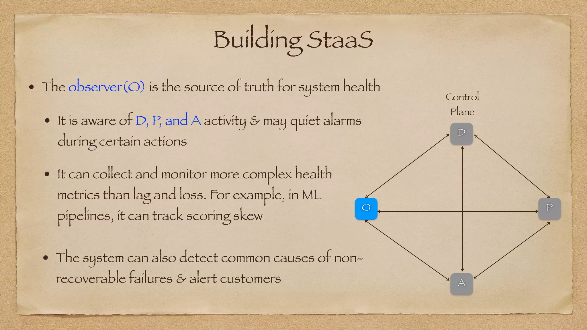Building StaaS
• The observer(O) is the source of truth for system health


• It is aware of D, P, and A activity & may quiet alarms
during certain actions
Control


Plane
O
D
A
P
• The system can also detect common causes of non-
recoverable failures & alert customers
• It can collect and monitor more complex health
metrics than lag and loss. For example, in ML
pipelines, it can track scoring skew
 