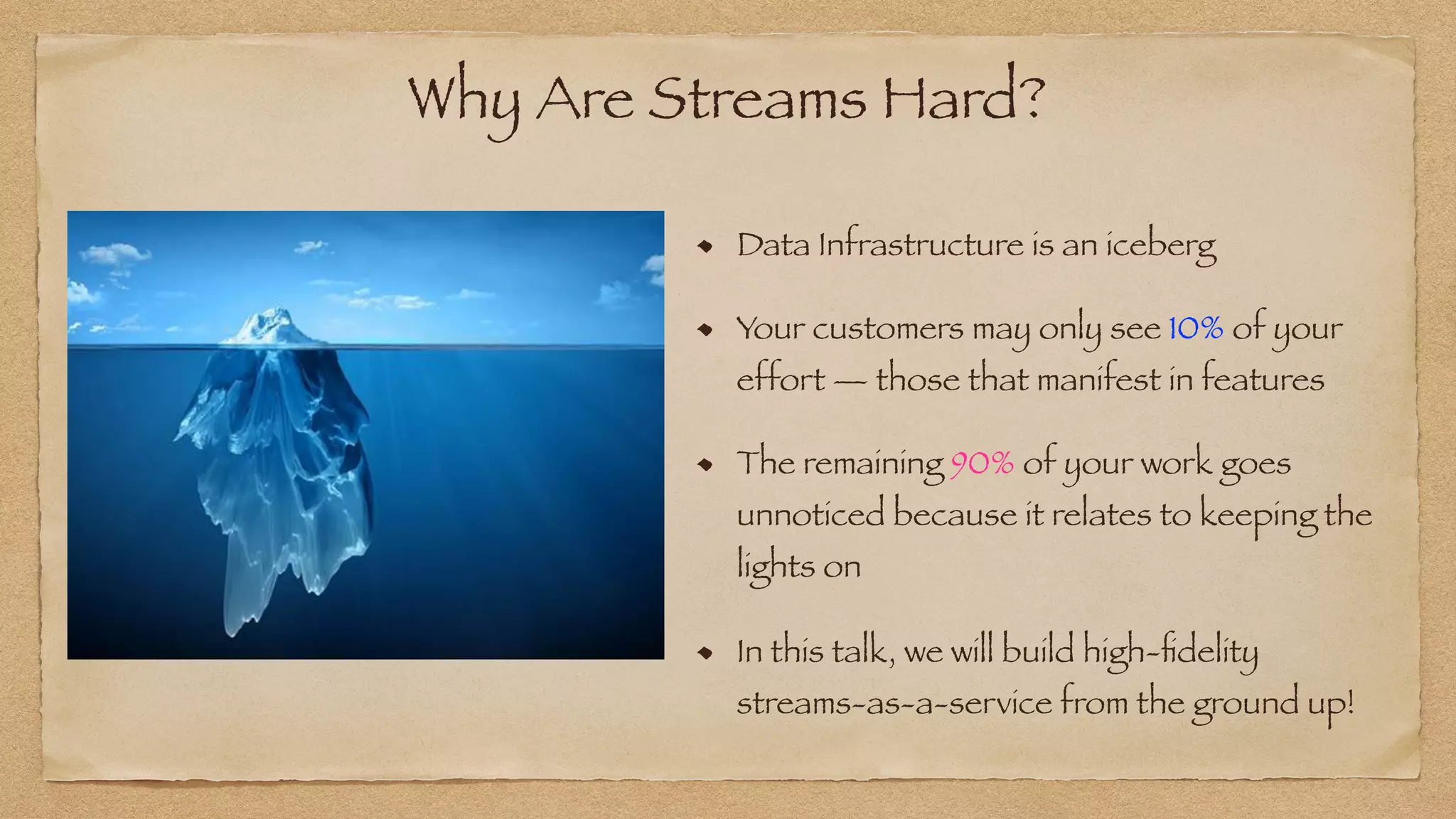 Why Are Streams Hard?
Data Infrastructure is an iceberg


Your customers may only see 10% of your
effort — those that manifest in features


The remaining 90% of your work goes
unnoticed because it relates to keeping the
lights on
In this talk, we will build high-
fi
delity
streams-as-a-service from the ground up!
 