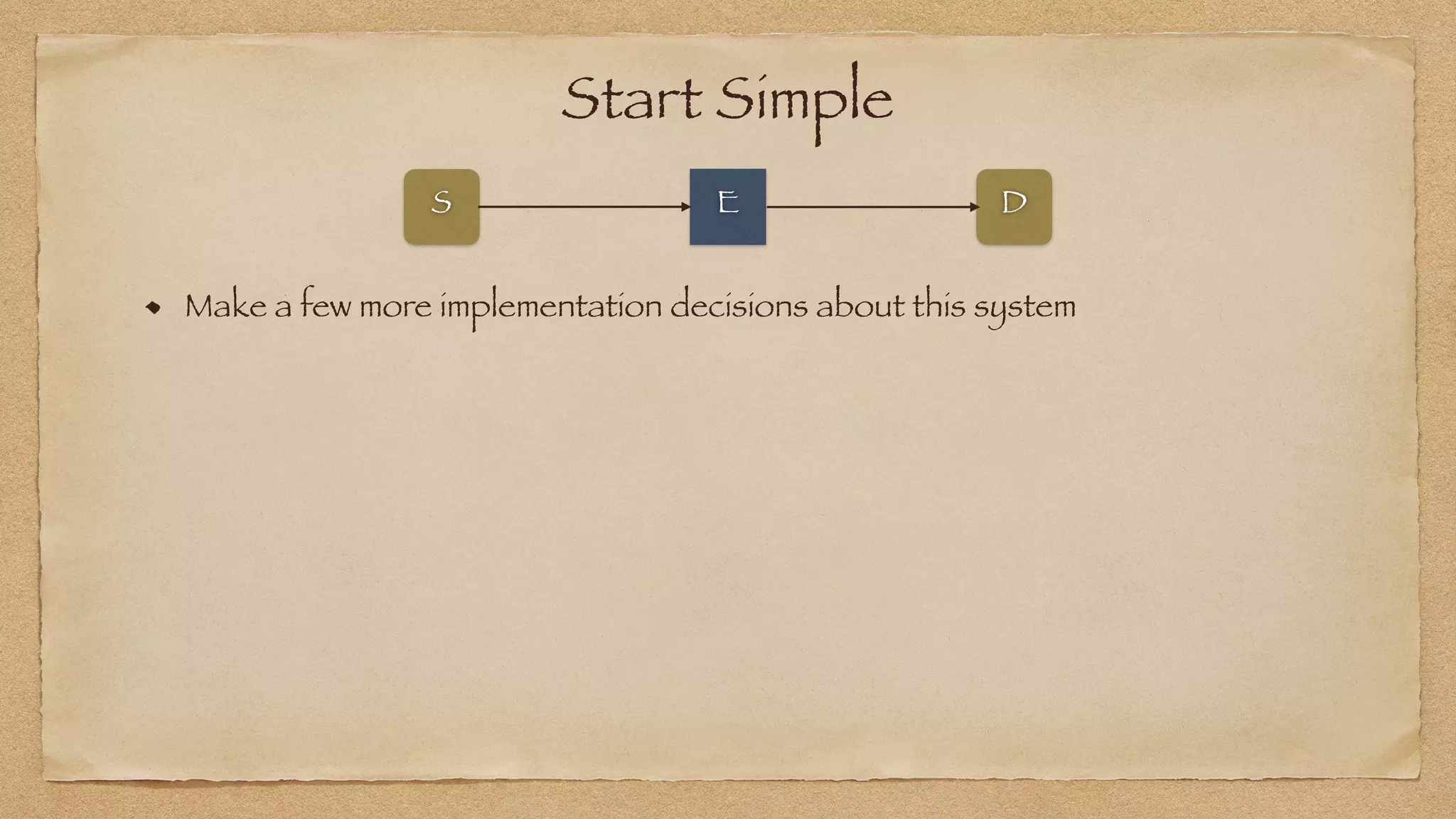 Start Simple
Make a few more implementation decisions about this system
E
S D
 