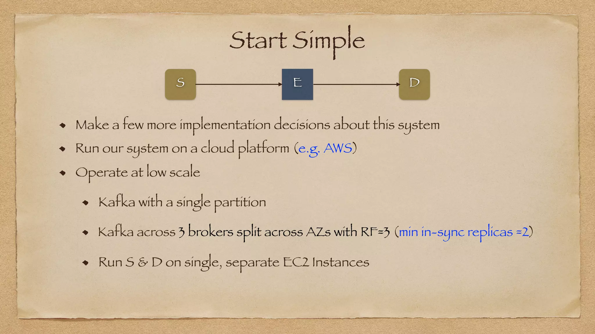 Start Simple
Make a few more implementation decisions about this system
Operate at low scale
Kafka with a single partition
Kafka across 3 brokers split across AZs with RF=3 (min in-sync replicas =2)
Run S & D on single, separate EC2 Instances
E
S D
Run our system on a cloud platform (e.g. AWS)
 