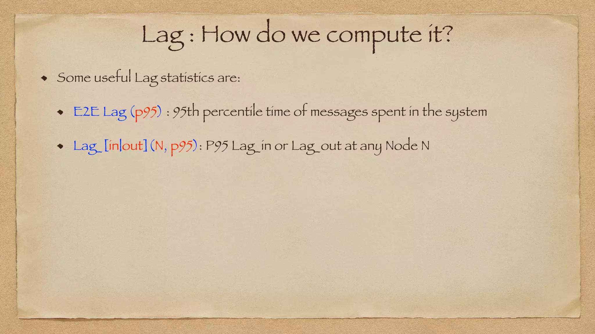 Lag : How do we compute it?
Some useful Lag statistics are:


E2E Lag (p95) : 95th percentile time of messages spent in the system


Lag_[in|out](N, p95): P95 Lag_in or Lag_out at any Node N
 