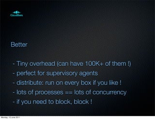 Better


            - Tiny overhead (can have 100K+ of them !)
            - perfect for supervisory agents
            - distribute: run on every box if you like !
            - lots of processes == lots of concurrency
            - if you need to block, block !

Monday, 13 June 2011
 