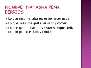  Lo que mas me aburre: es no hacer nada
Lo que mas me gusta: es salir y comer
Lo que quiero hacer es :estar siempre feliz
con mi pololo e hijo y familia