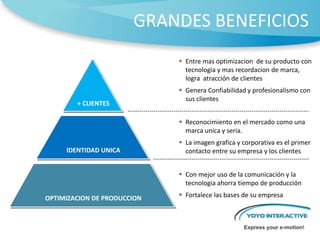 GRANDES BENEFICIOSEntre mas optimizacion  de su producto con tecnologia y mas recordacion de marca, logra  atracción de clientes