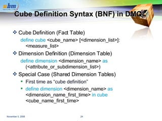 Cube Definition Syntax (BNF) in DMQL Cube Definition (Fact Table) define cube  <cube_name> [<dimension_list>]:  <measure_list> Dimension Definition (Dimension Table) define dimension  <dimension_name>  as  (<attribute_or_subdimension_list>) Special Case (Shared Dimension Tables) First time as “cube definition” define dimension  <dimension_name>  as  <dimension_name_first_time>  in cube  <cube_name_first_time> 