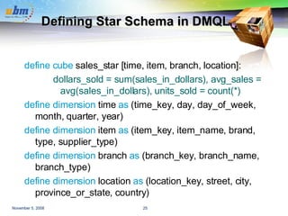 Defining Star Schema in DMQL define cube  sales_star [time, item, branch, location]: dollars_sold = sum(sales_in_dollars), avg_sales = avg(sales_in_dollars), units_sold = count(*) define dimension  time  as  (time_key, day, day_of_week, month, quarter, year) define dimension  item  as  (item_key, item_name, brand, type, supplier_type) define dimension  branch  as  (branch_key, branch_name, branch_type) define dimension  location  as  (location_key, street, city, province_or_state, country) 