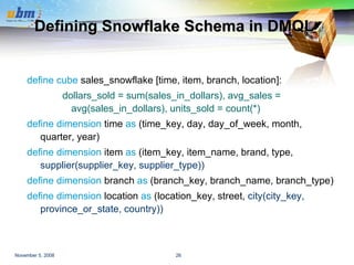 Defining Snowflake Schema in DMQL define cube  sales_snowflake [time, item, branch, location]: dollars_sold = sum(sales_in_dollars), avg_sales = avg(sales_in_dollars), units_sold = count(*) define dimension  time  as  (time_key, day, day_of_week, month, quarter, year) define dimension  item  as  (item_key, item_name, brand, type,  supplier(supplier_key, supplier_type)) define dimension  branch  as  (branch_key, branch_name, branch_type) define dimension  location  as  (location_key, street,  city(city_key, province_or_state, country)) 