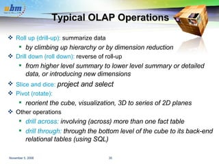 Typical OLAP Operations Roll up (drill-up):  summarize data by climbing up hierarchy or by dimension reduction Drill down (roll down):  reverse of roll-up from higher level summary to lower level summary or detailed data, or introducing new dimensions Slice and dice:   project and select   Pivot (rotate):   reorient the cube, visualization, 3D to series of 2D planes Other operations drill across:  involving (across) more than one fact table drill through:  through the bottom level of the cube to its back-end relational tables (using SQL) 