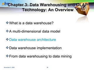 Chapter 3: Data Warehousing and OLAP Technology: An Overview What is a data warehouse?  A multi-dimensional data model Data warehouse architecture Data warehouse implementation From data warehousing to data mining 