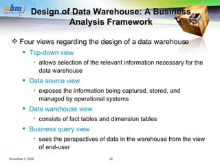 Design of Data Warehouse: A Business Analysis Framework Four views regarding the design of a data warehouse  Top-down view allows selection of the relevant information necessary for the data warehouse Data source view exposes the information being captured, stored, and managed by operational systems Data warehouse view consists of fact tables and dimension tables Business query view   sees the perspectives of data in the warehouse from the view of end-user 